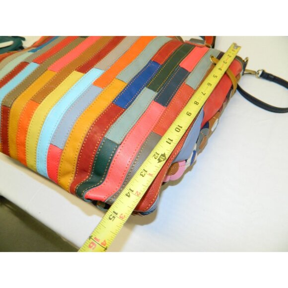 Amerileather Multicolor Lg Leather Tote Bag Colorful Patchwork Tassels Adj Strap - Picture 4 of 16
